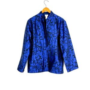 Chico's Womens # (XL) Open Front Blue Brocade Metallic Sleeve‎ Jacket Blazer